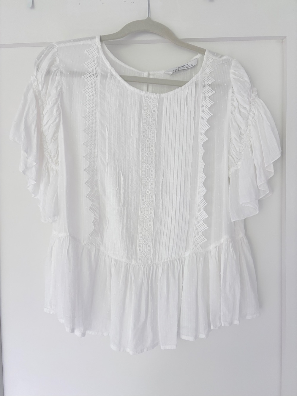 Zara Women’s White Cotton Sheer Eyelet Peplum Blouse - Picture 2 of 15